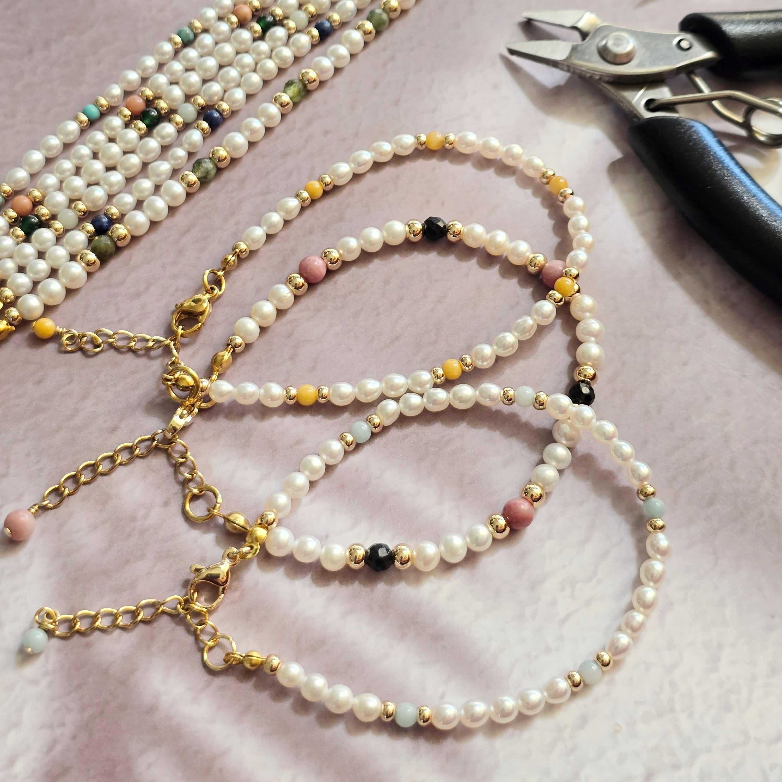 Pearl + Mineral Stone Bracelet, 3mm Freshwater Pearls