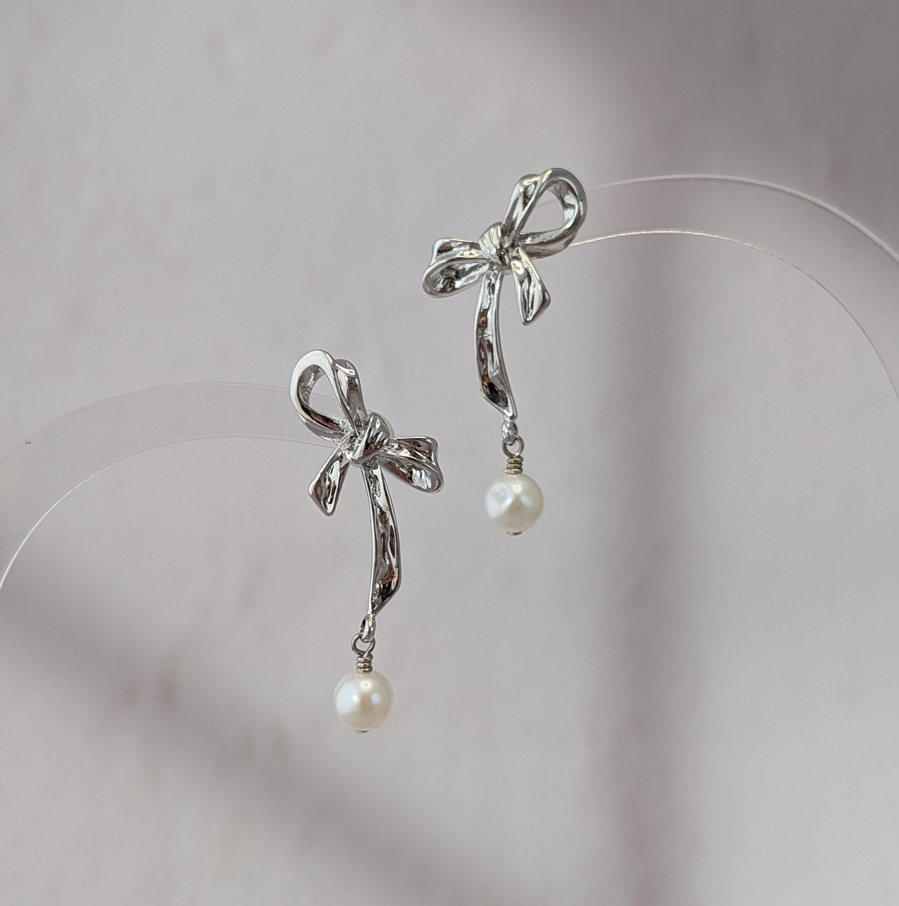 Ribbon Bow Drop Earrings, 3mm Freshwater Seed Pearls